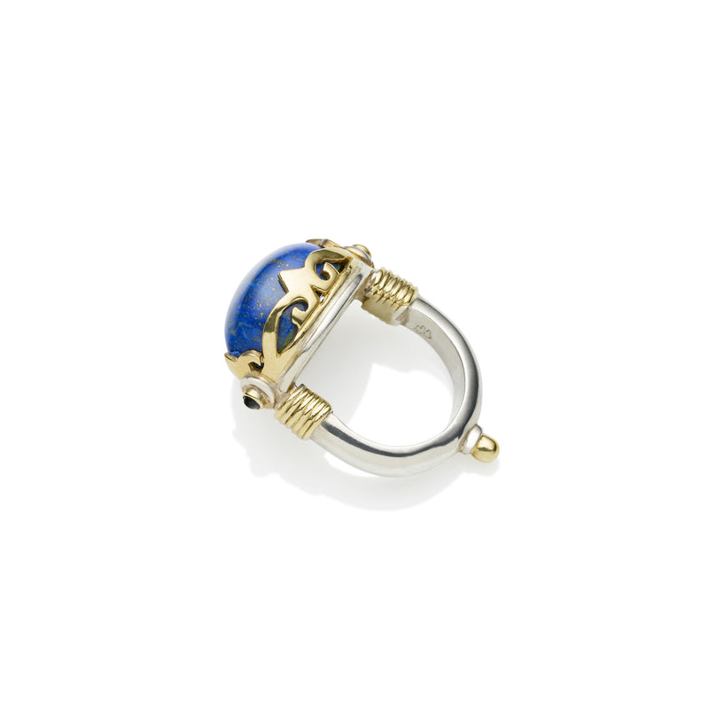 silver band with gold plated crown, lapis lazuli, black onyx ring, handmade designer jewellery