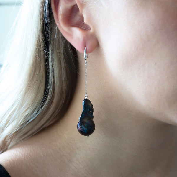 Baroque Drop Earrings | Black Pearl, Sterling Silver and Gold Plate