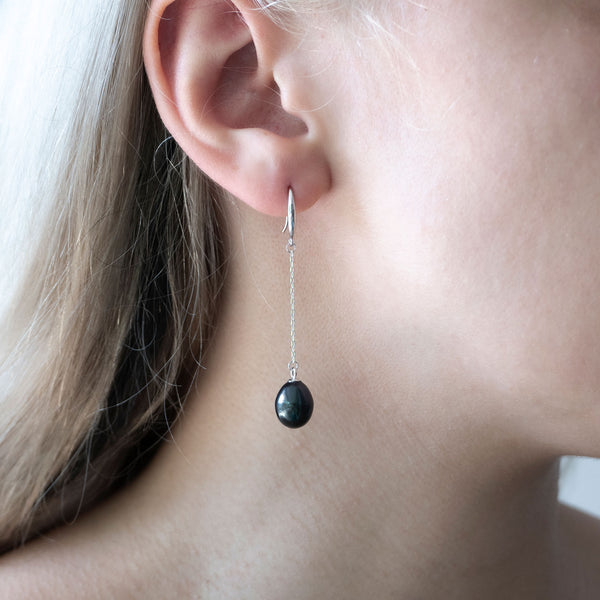 Smooth Drop Earrings | Black Pearl and Sterling Silver