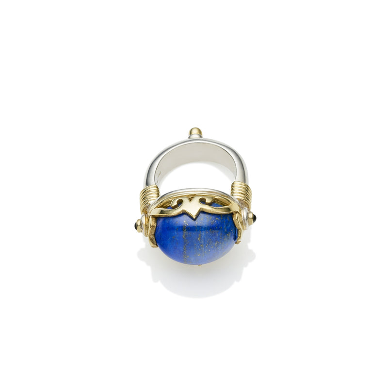 silver band with gold plated crown, lapis lazuli, black onyx ring, handmade designer jewellery 