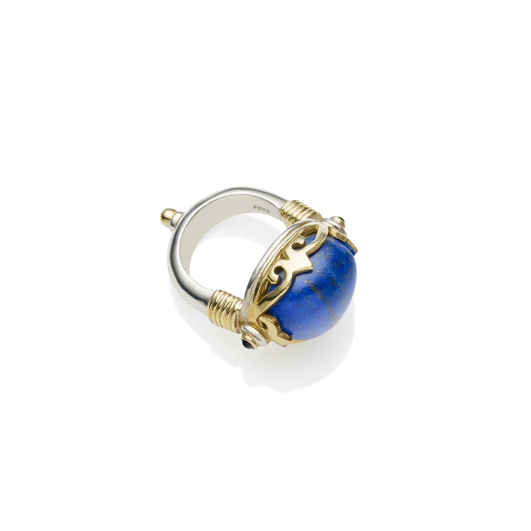 silver band with gold plated crown, lapis lazuli, black onyx ring, handmade designer jewellery