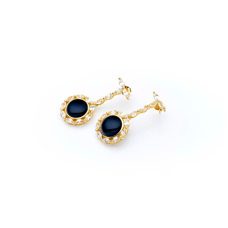 Mahu Drop Earring | Black Onyx with White Topaz and 925 Sterling Silver Gold Plate