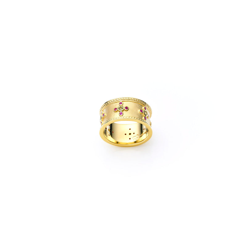 Gold ring, ruby, peridot, designer jewellery